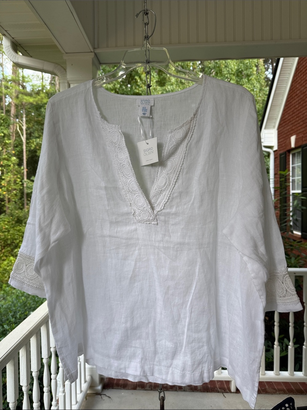 Sigrid Olsen White Linen V-Neck Tunic Top with Lace Trim - Picture 6 of 8